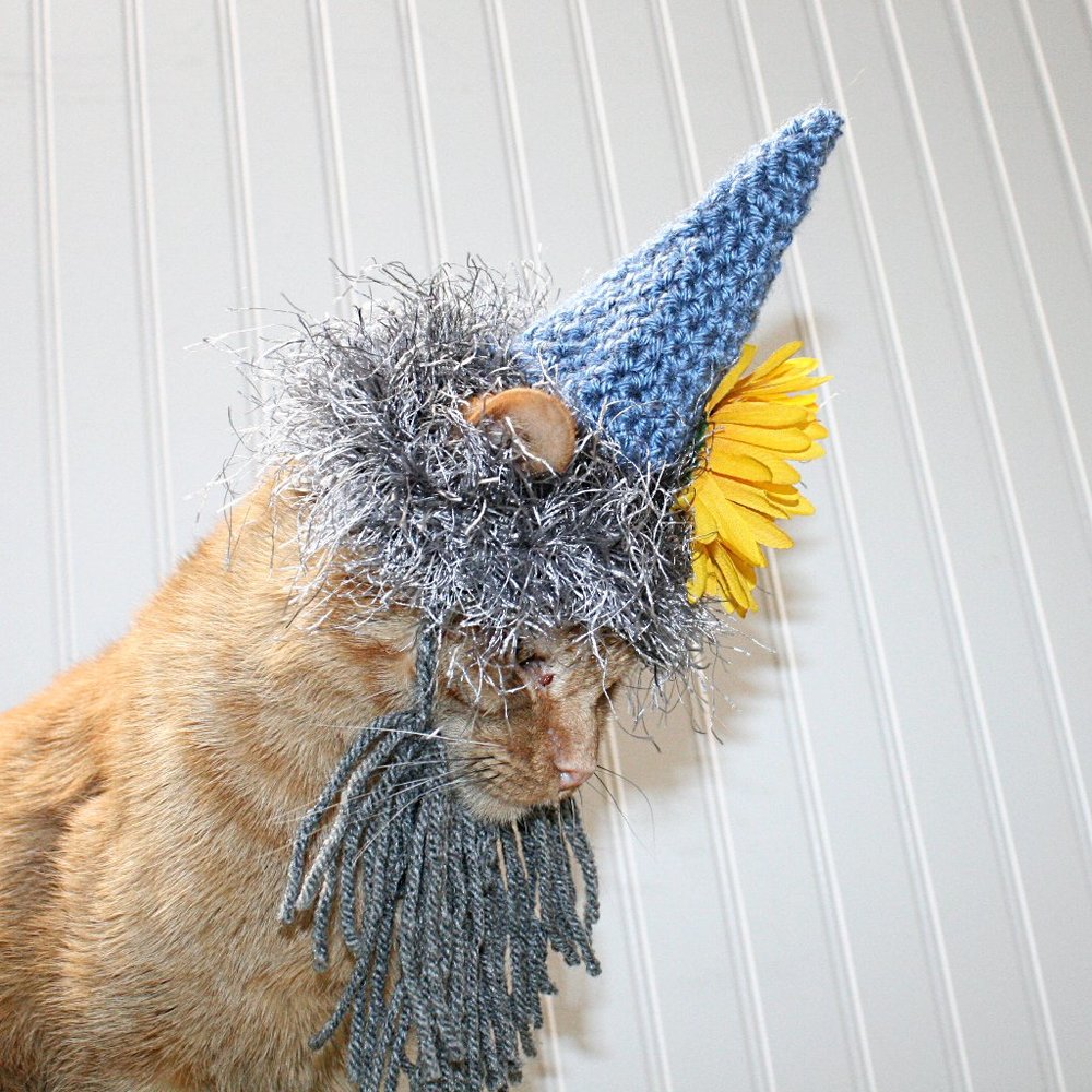 HAND CRAFTED Cat Hat Crochet Garden Gnome Wig Beard Costume Photo Prop - Picture 4 of 13